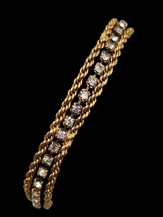 Vintage Jewelry - Vintage Gold Tone & Rhinestone  Twisted Weaved Rope Chain Bracelet    sz 6.5"